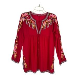 Johnny Was Sz XS Floral Embroidered Top Babydoll Top Red Boho